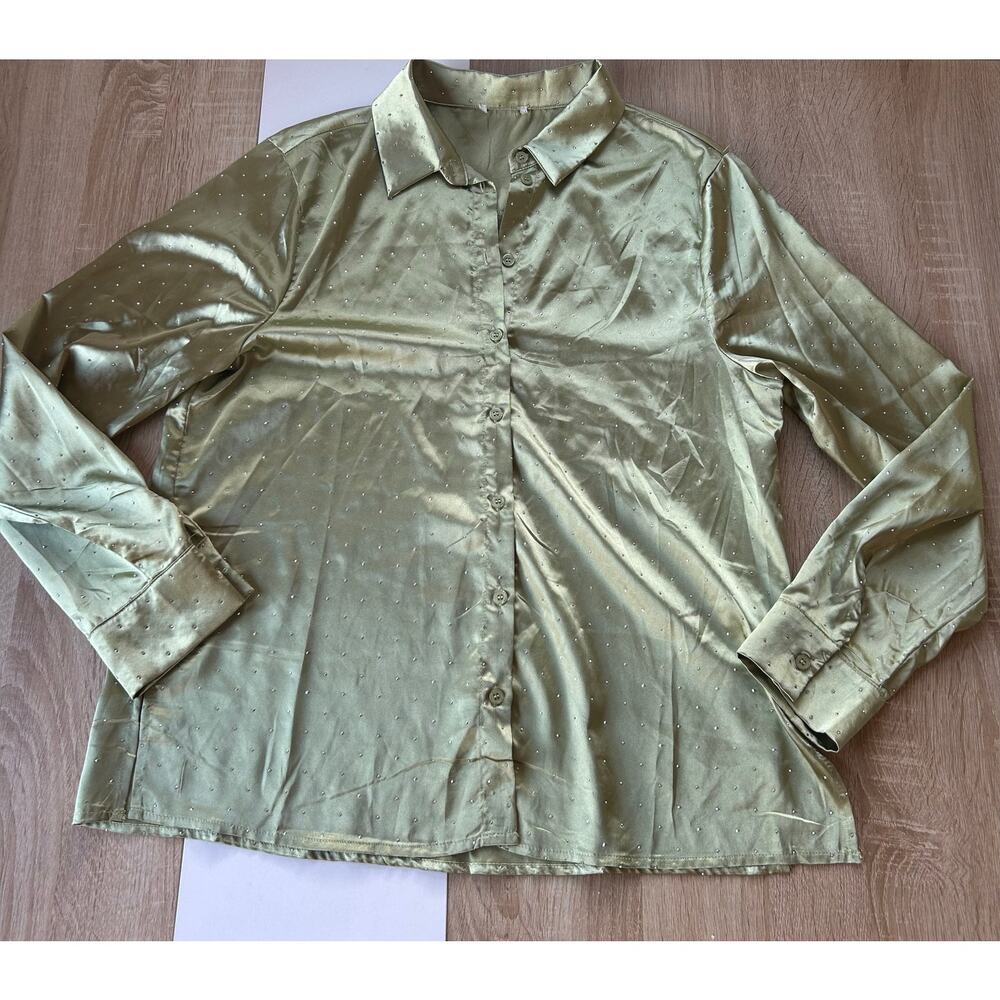 Vintage Satin Button Up Blouse Crystal Accent Women's Size L